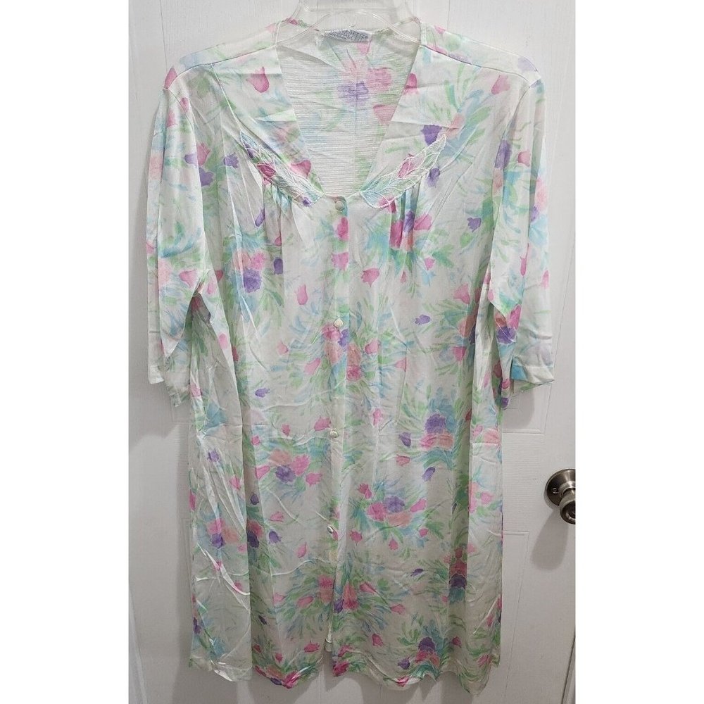 Vtg VASSARETTE Women's Nightgown Robe Button Up Front Floral Pastel Size XL
